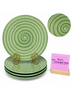 Tabletops SWIRL GREEN Design Hand Painted Stoneware Round Dinner Plate Set of 4